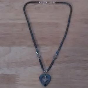 Hematite silvertone gems beaded necklace w/heart